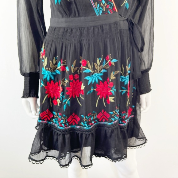 Anthropologie Dress Black Embroidered Wrap Not So Serious Size S Long Sleeve - Picture 8 of 13